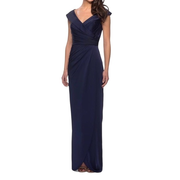 La Femme Dresses & Skirts - La Femme Surplice Off The Shoulder Column Gown Navy Blue Size 10 Pleaded Bodice